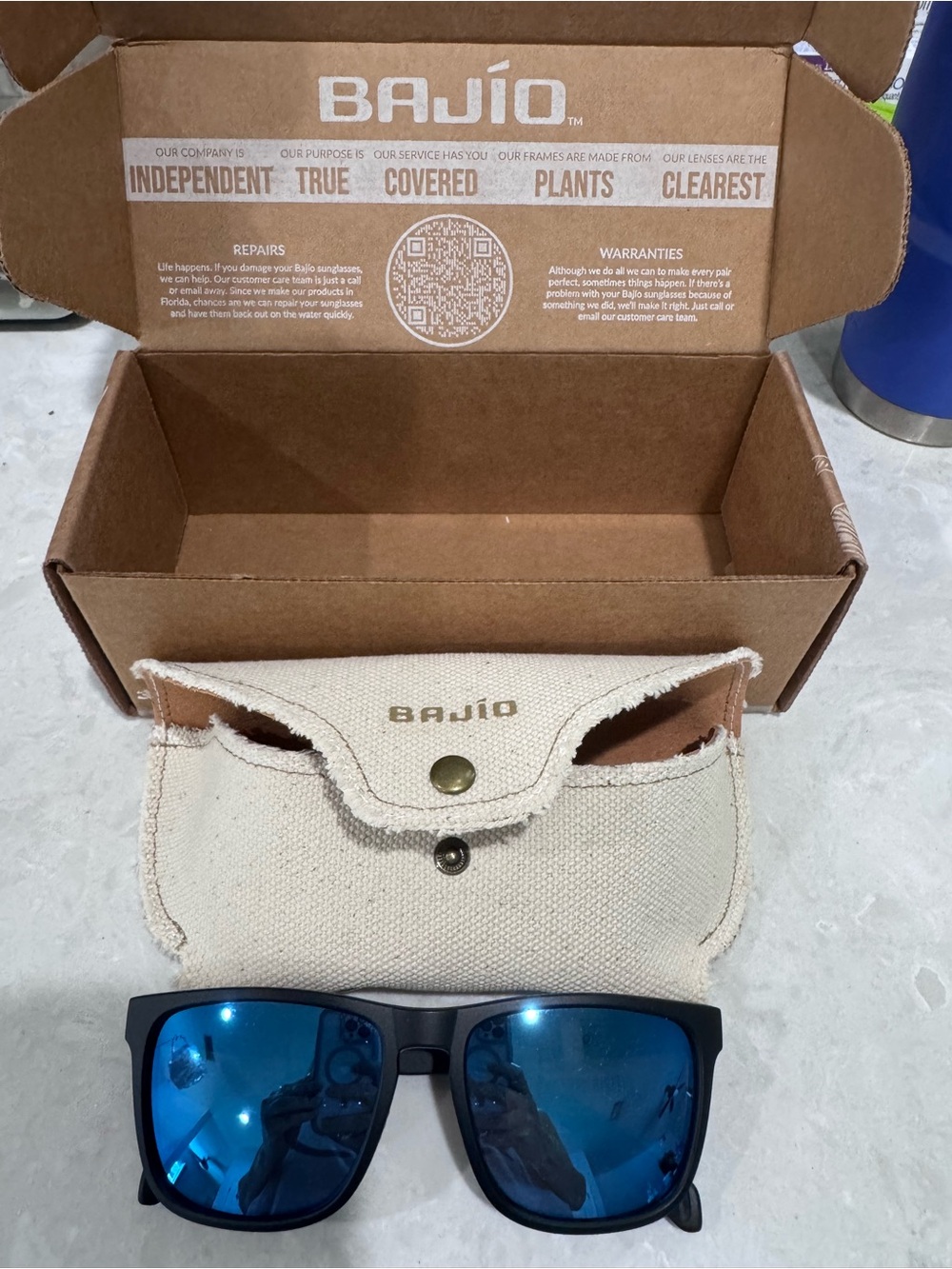 Brand new Bajio Calda sunglasses black matte with blue mirror poly lenses